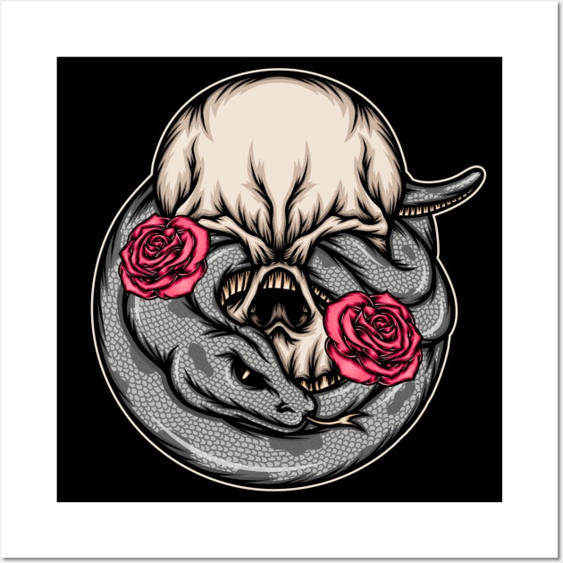 Cool snake skull with roses illustration Wall Art by WODEXZ